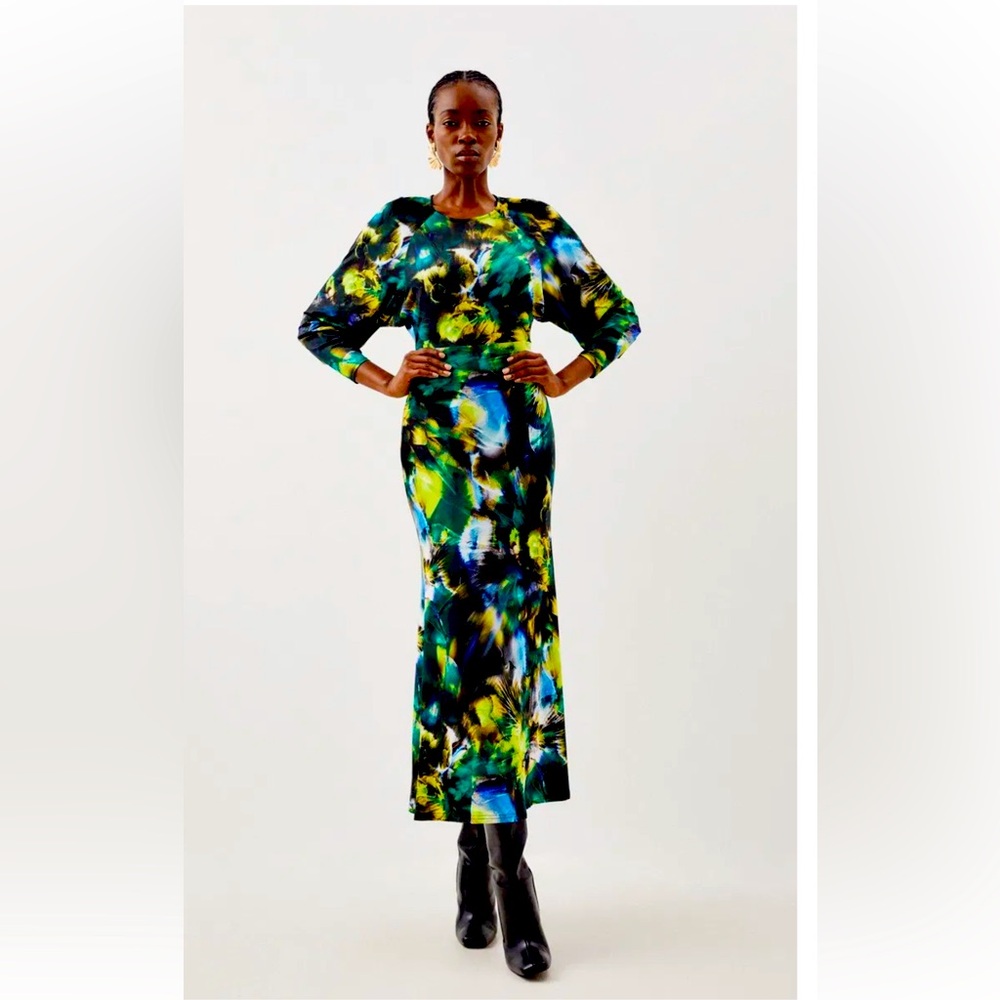 Karen Millen Jersey Abstract Floral Print Long Sleeve Midi Dress SIZE 8